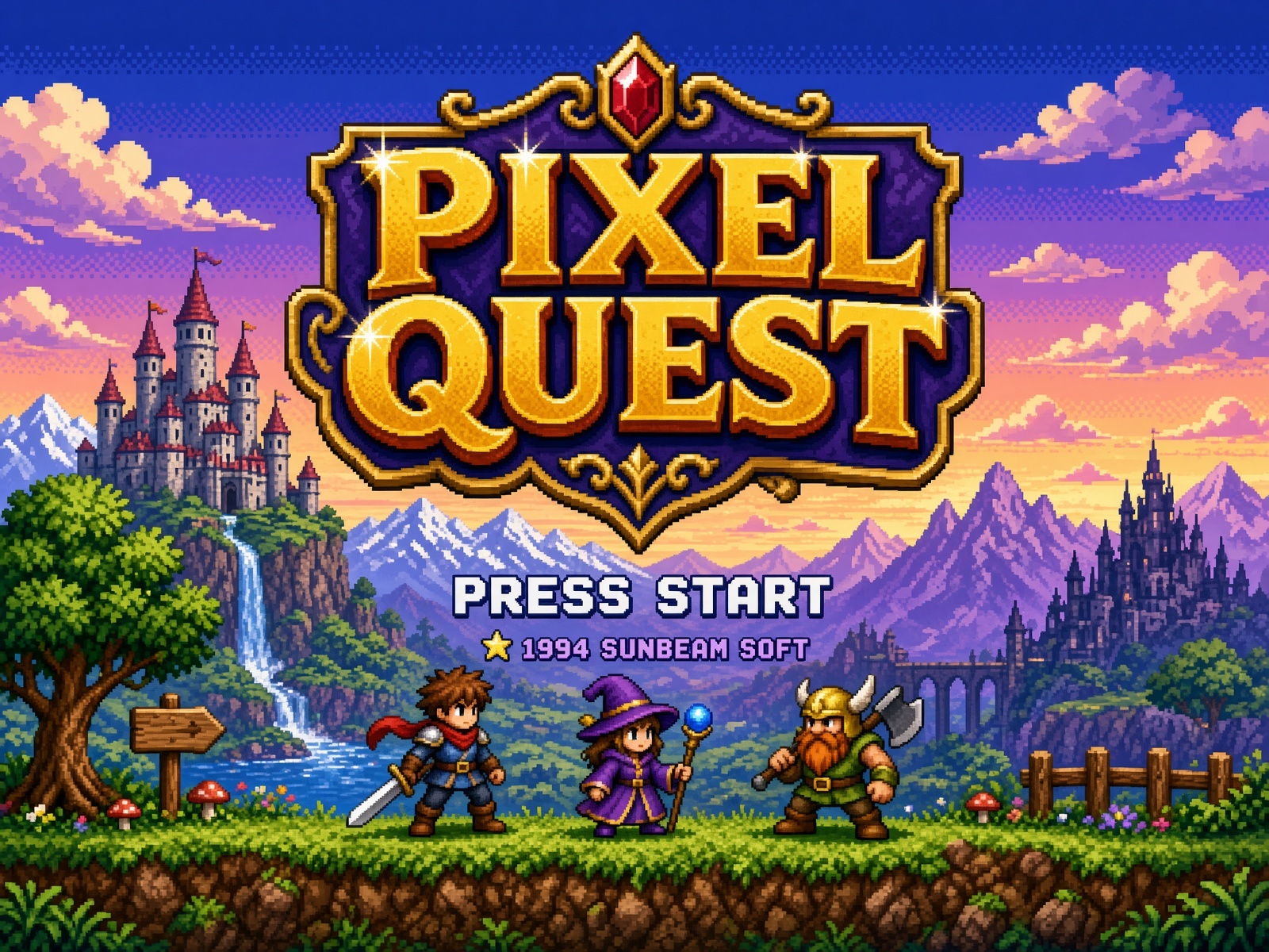 Retro pixel-art RPG title screen with a castle and adventurers