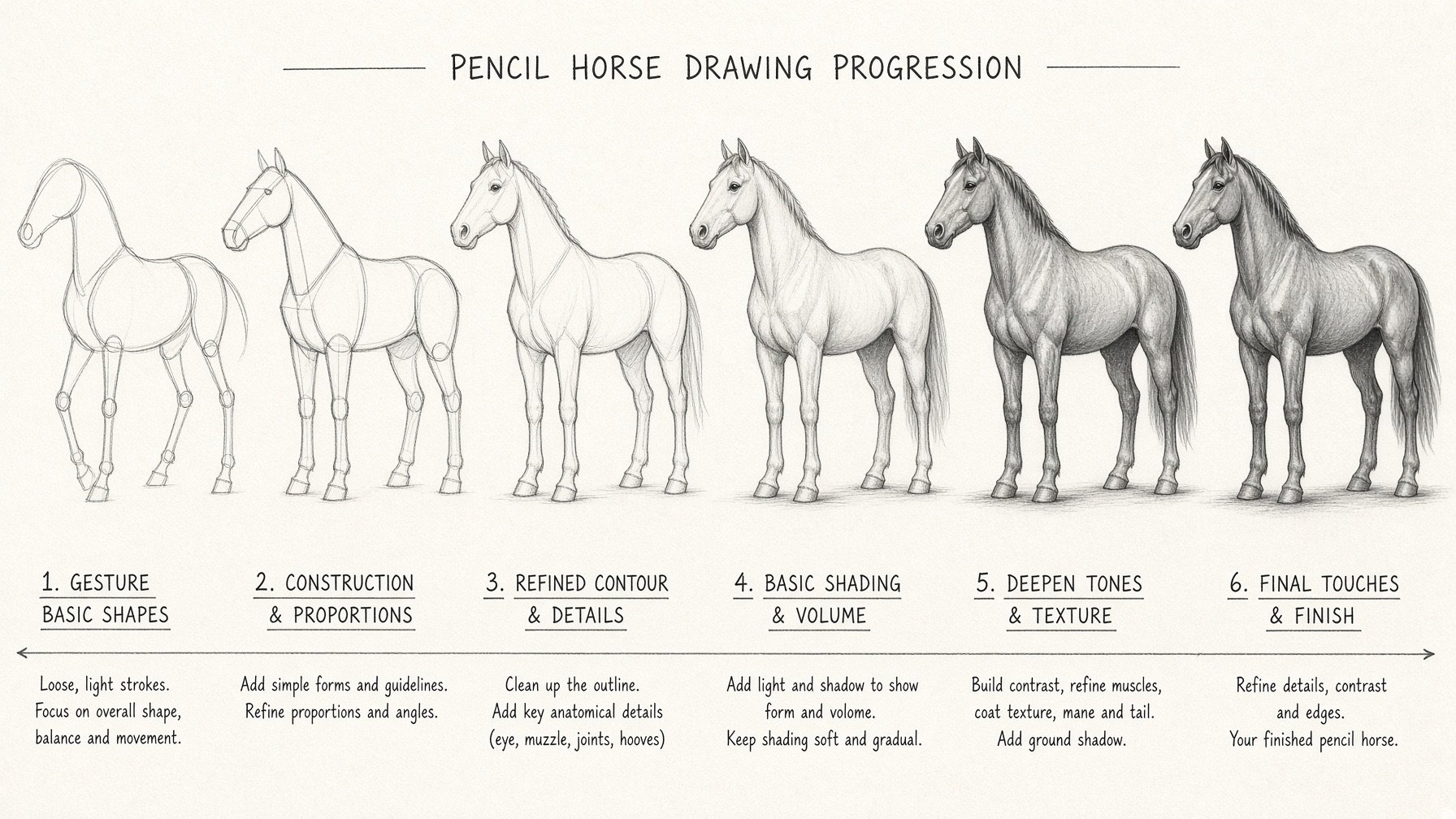 Step-by-step pencil horse drawing tutorial sheet