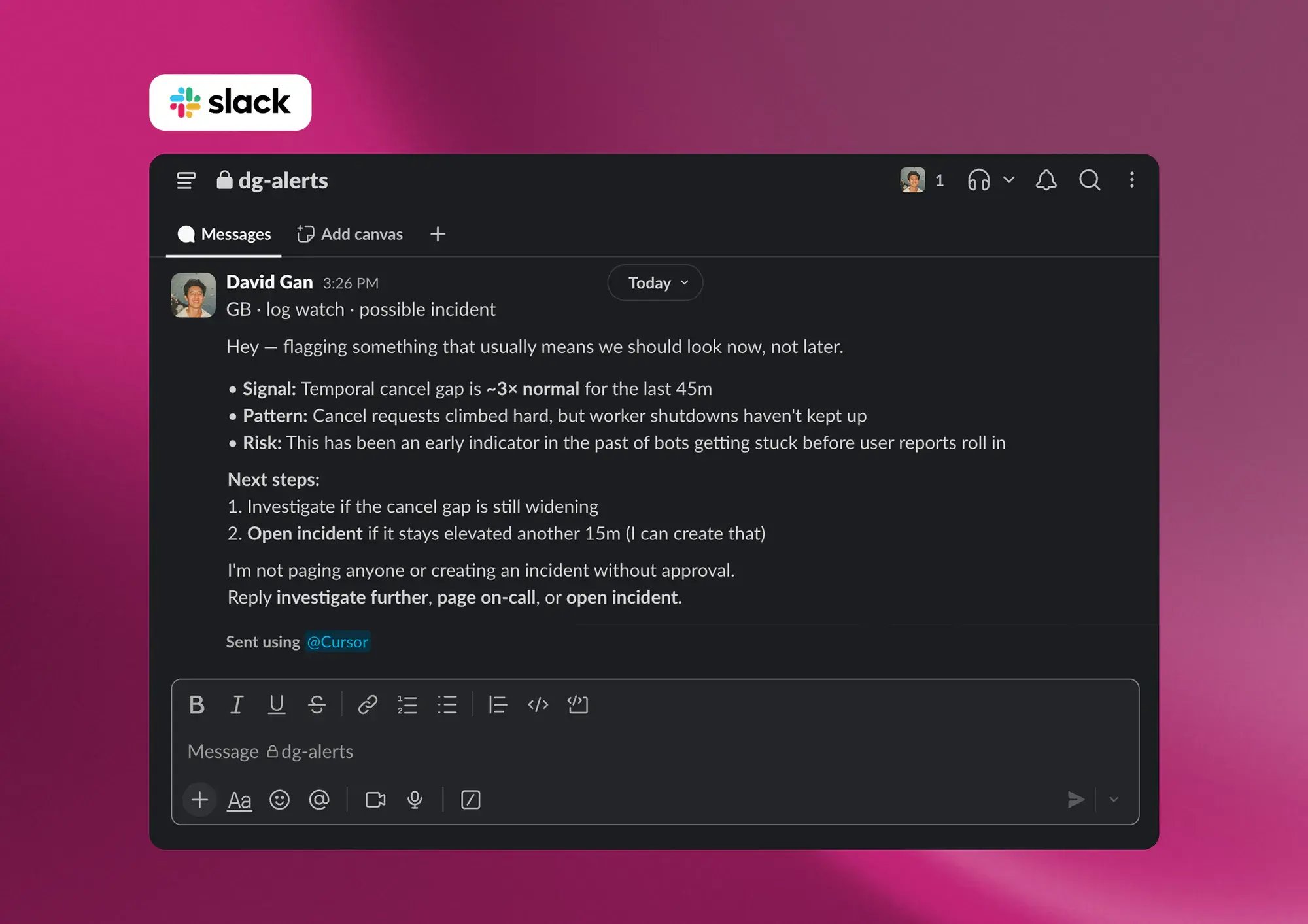 A Slack alert flagging a possible incident before paging anyone