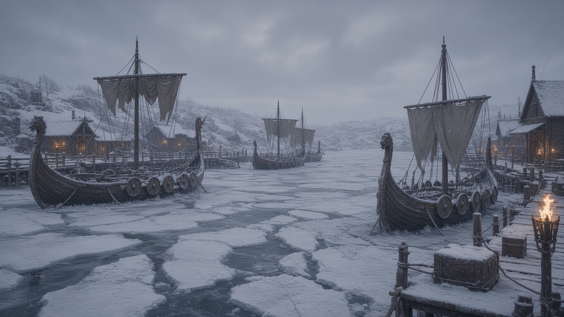 Longships frozen into the ice of a snowed-in harbor